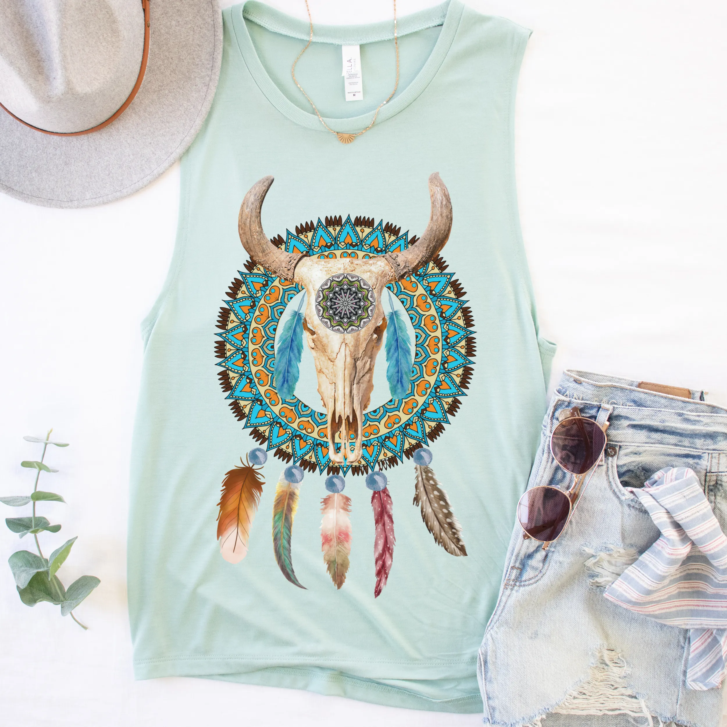 Trendy Desert Tank Summer Western Bull Skull and Dreamcatcher Tank Relaxed Bella Canvas Tank