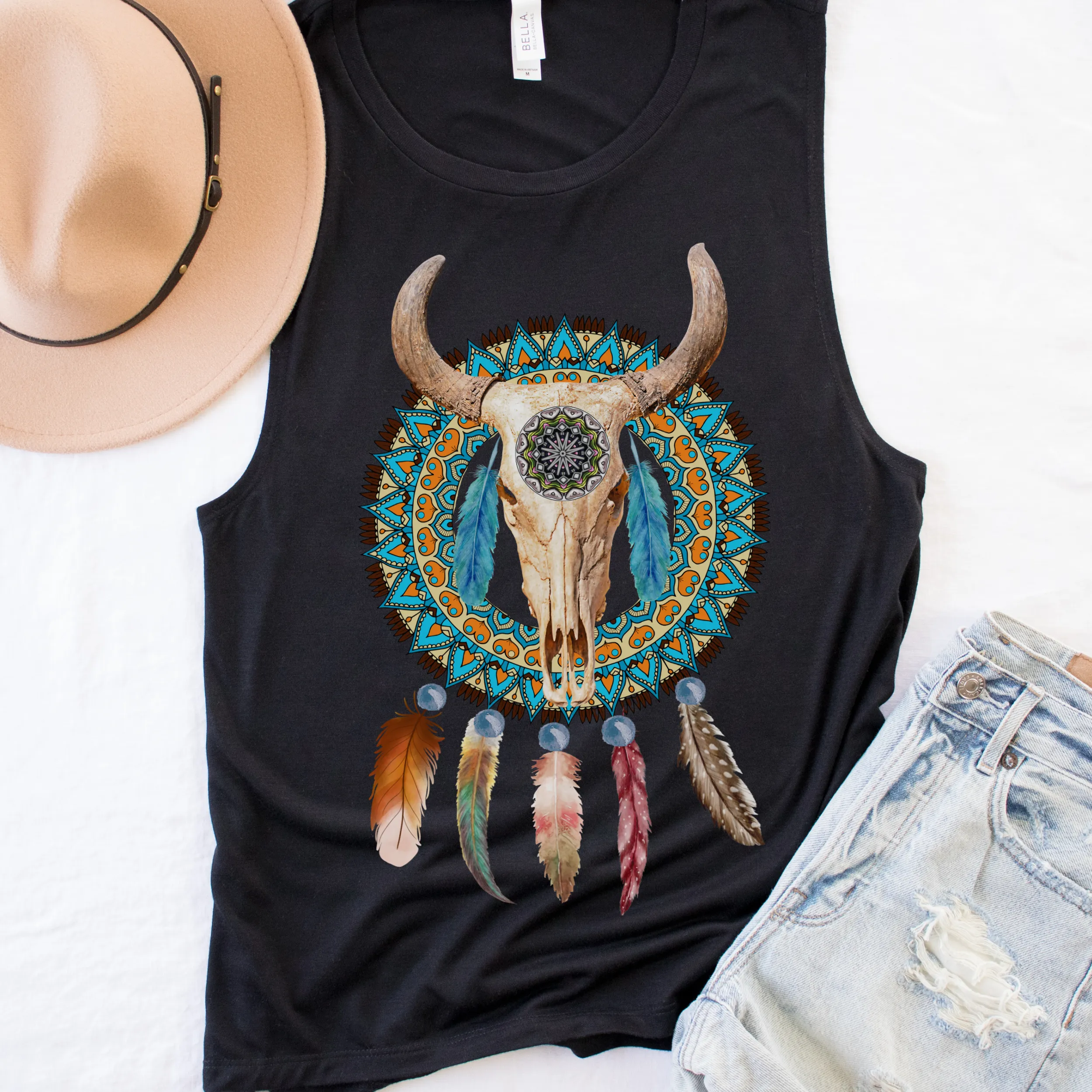 Trendy Desert Tank Summer Western Bull Skull and Dreamcatcher Tank Relaxed Bella Canvas Tank