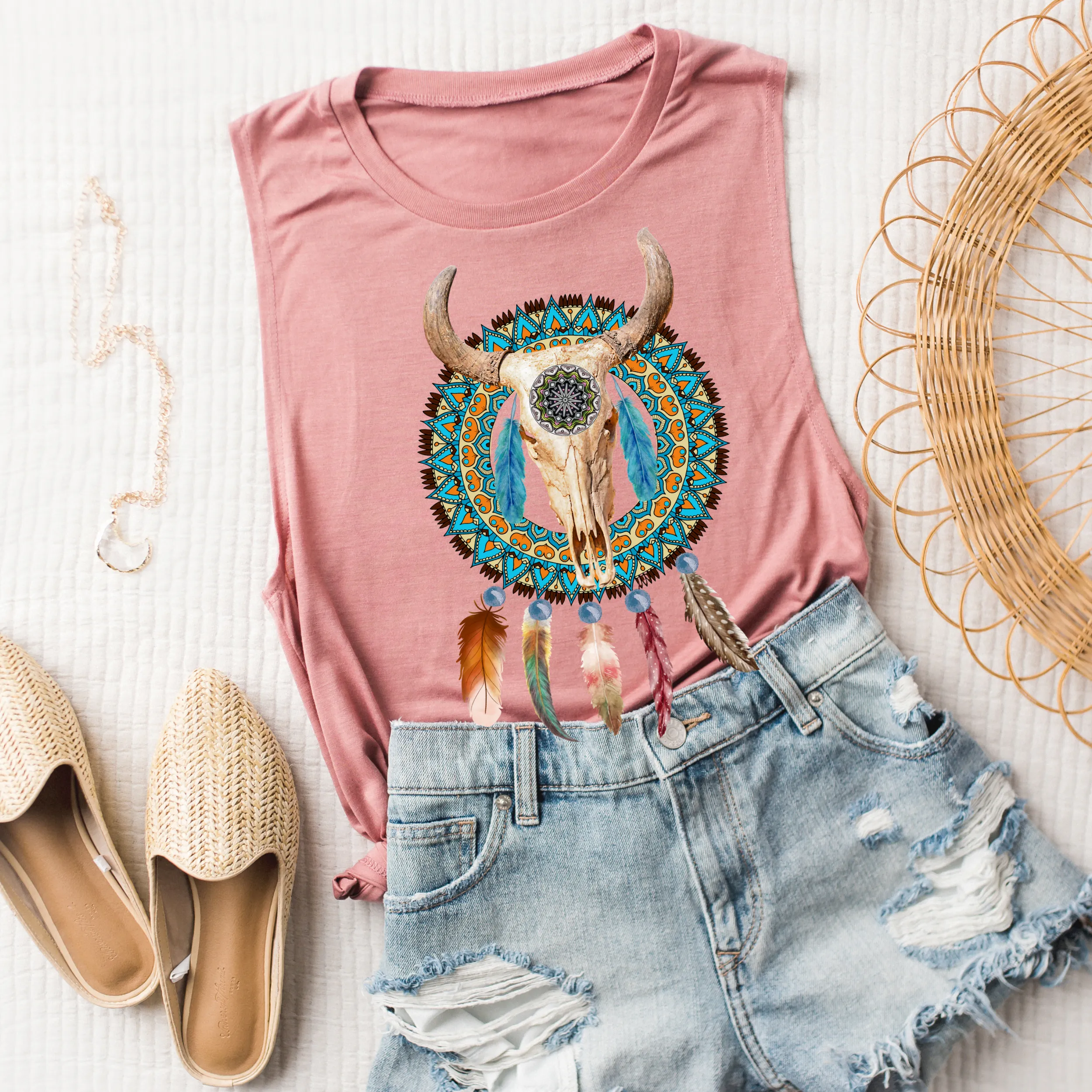 Trendy Desert Tank Summer Western Bull Skull and Dreamcatcher Tank Relaxed Bella Canvas Tank