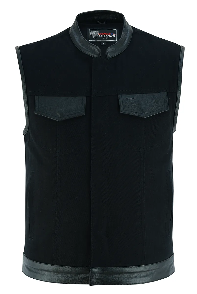 Vance Denim Black Club Vest with Leather Trims