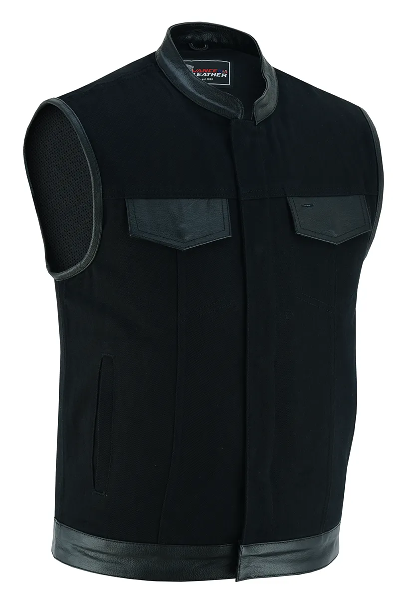 Vance Denim Black Club Vest with Leather Trims