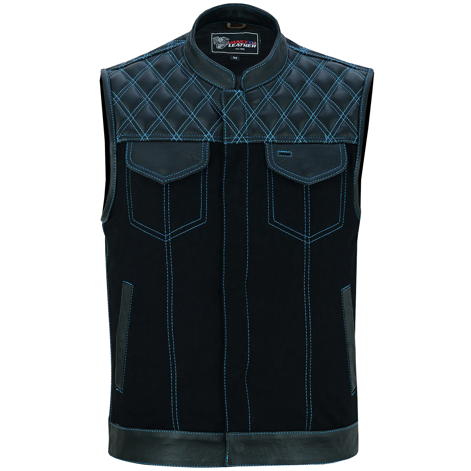 VB924BL Men's Denim & Leather Motorcycle Vest with Conceal Carry Pockets, SOA Biker Club Vest Blue Stitching, Diamond Padding, Snap & Zipper Closure