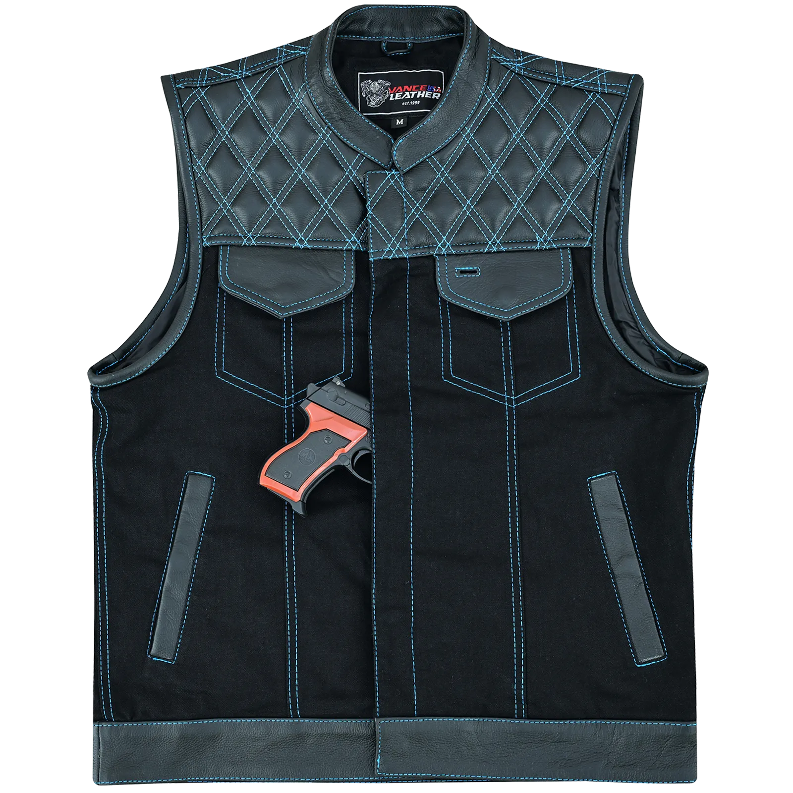 VB924BL Men's Denim & Leather Motorcycle Vest with Conceal Carry Pockets, SOA Biker Club Vest Blue Stitching, Diamond Padding, Snap & Zipper Closure