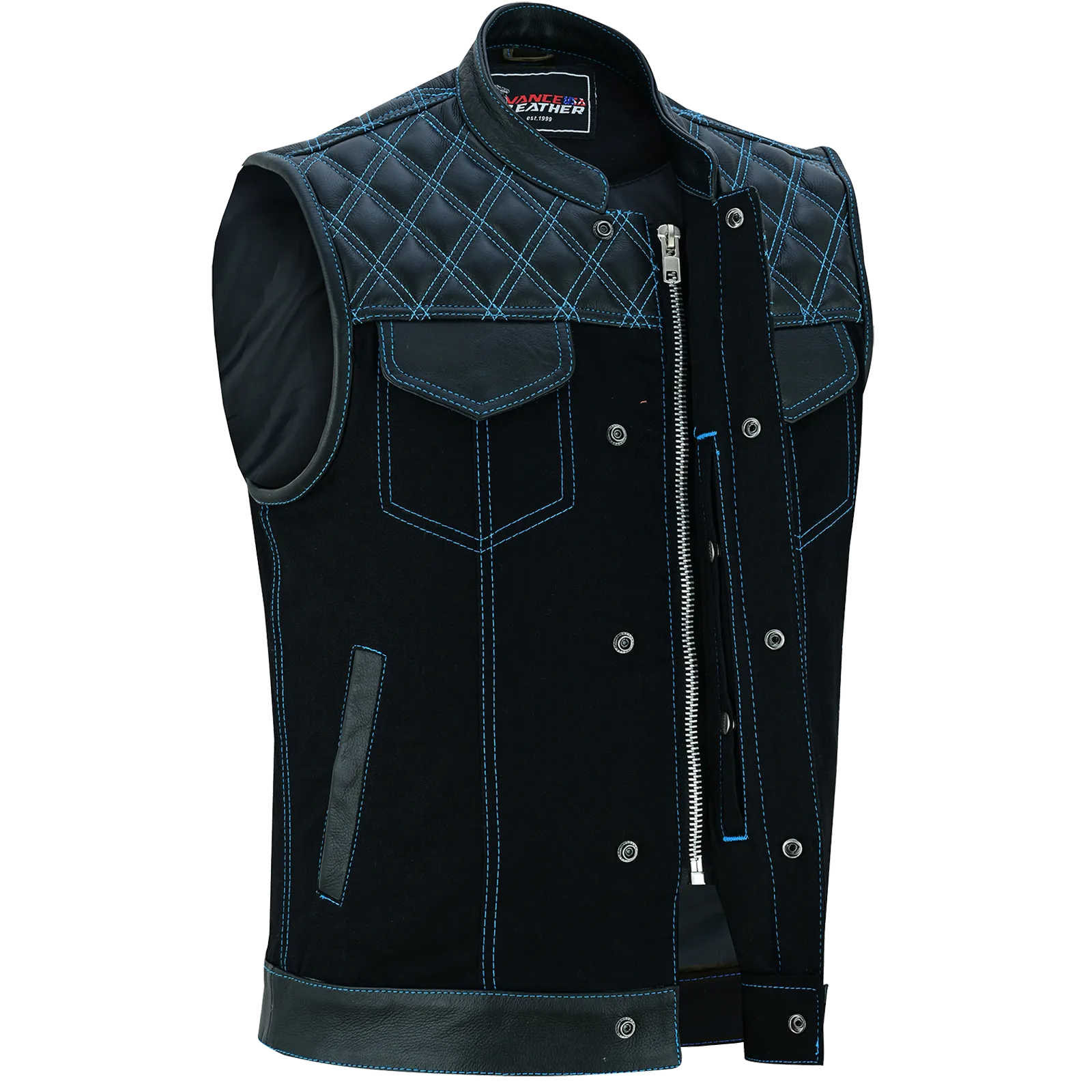 VB924BL Men's Denim & Leather Motorcycle Vest with Conceal Carry Pockets, SOA Biker Club Vest Blue Stitching, Diamond Padding, Snap & Zipper Closure