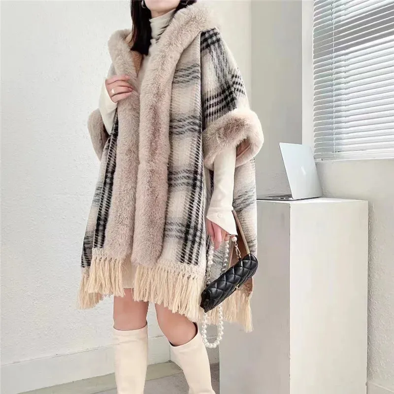 Winter Poncho Shawl Cloak Faux Fur Collar  Loose Cape  Streetwear Coats