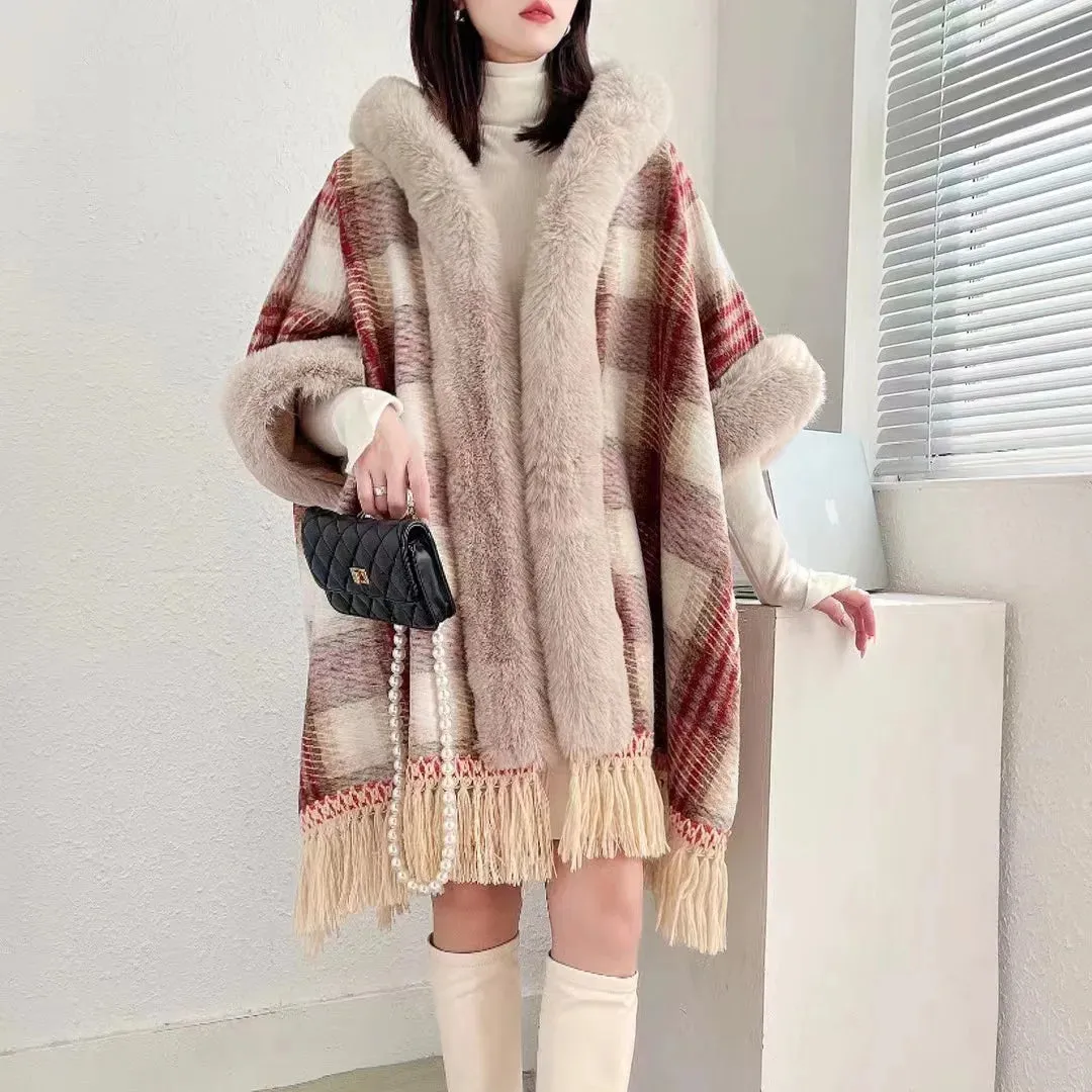 Winter Poncho Shawl Cloak Faux Fur Collar  Loose Cape  Streetwear Coats