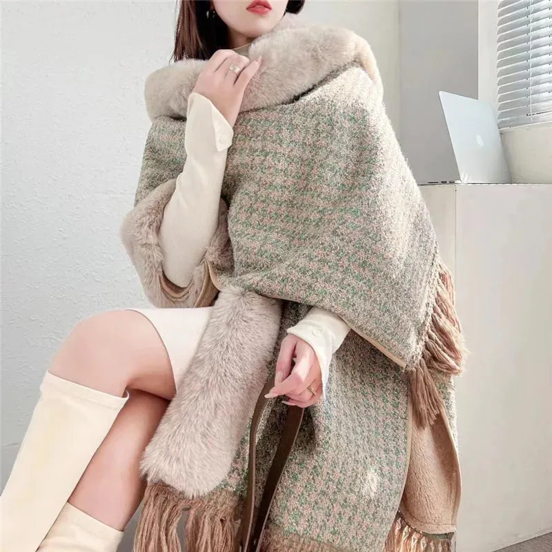 Winter Poncho Shawl Cloak Faux Fur Collar  Loose Cape  Streetwear Coats