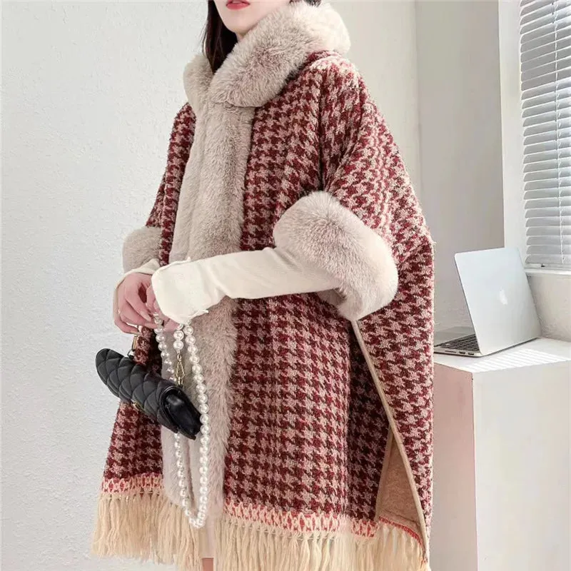 Winter Poncho Shawl Cloak Faux Fur Collar  Loose Cape  Streetwear Coats