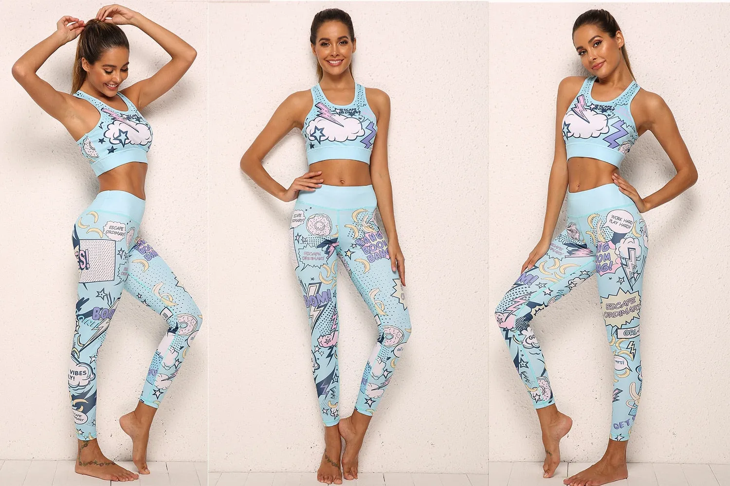 Women's Print Cartoon Boom Running Yoga Bra Sportswear High Waist Fitness Pants sports Set Gym workout clothes Set