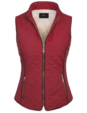 Womens Quilted Fully Lined Lightweight Zip Up Vest with Fur Lining