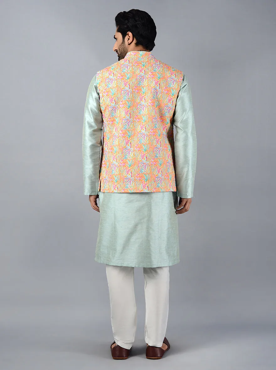 Yellow Printed & Embroidered Regular Fit Bandhgala Jacket | Azania